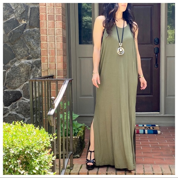 OLIVE GREEN SIDE SLITS TANK MAXI DRESS - Picture 14 of 15